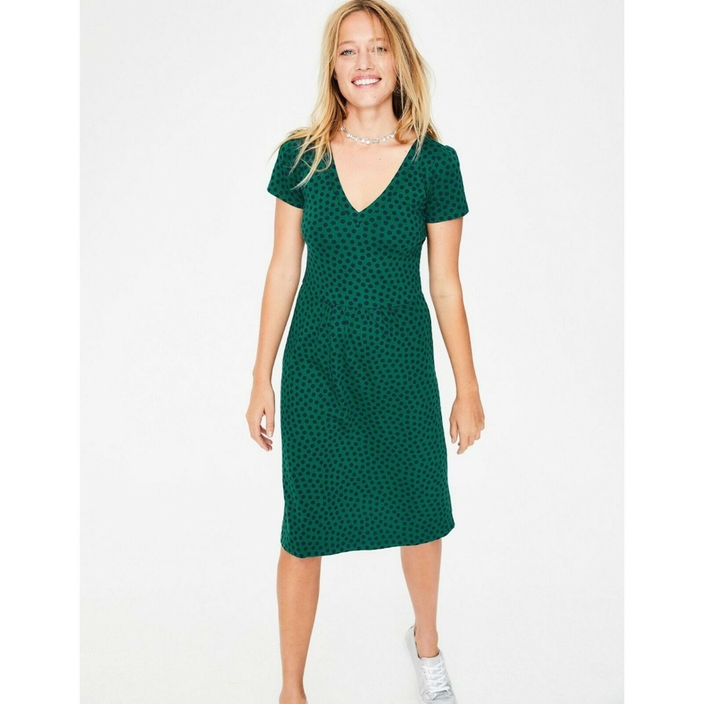 Boden Penelope Forest Spot Polka Dot Jersey Dress, Size 12 L
